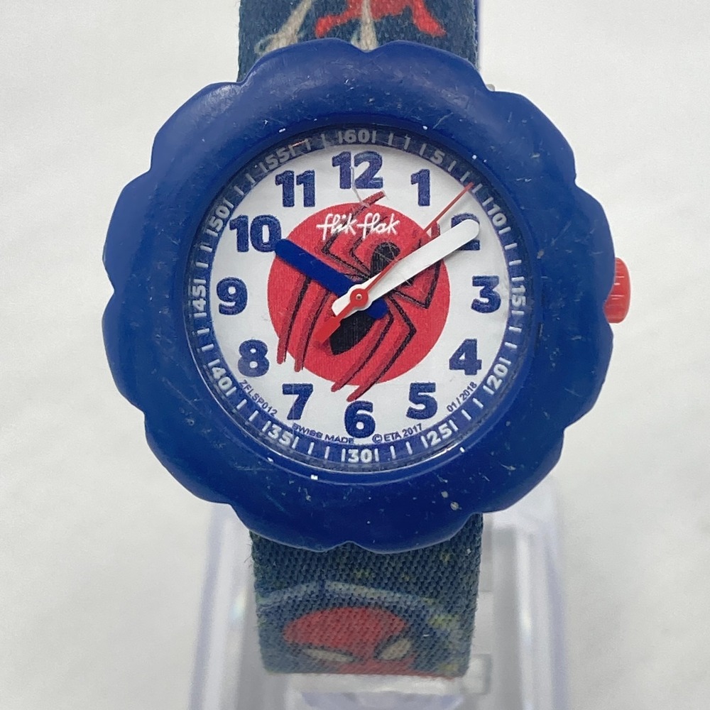 Flik Flak Swatch Spiderman Watch Boys Youth Blue Marvel Nylon New Battery 7.5"